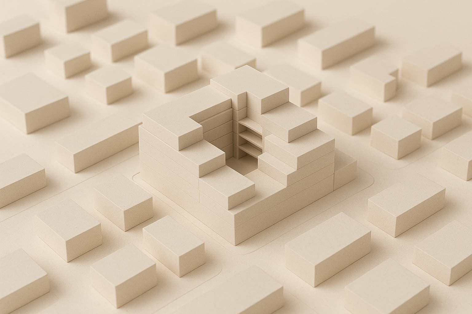 Clay massing study of a development parcel surrounded by context blocks