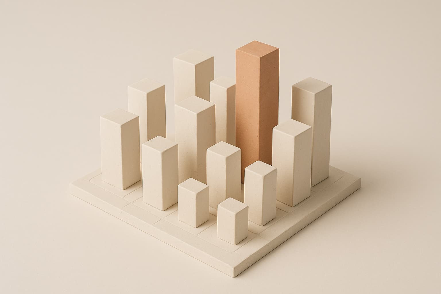 Architectural clay model of office towers with one tower highlighted in terracotta