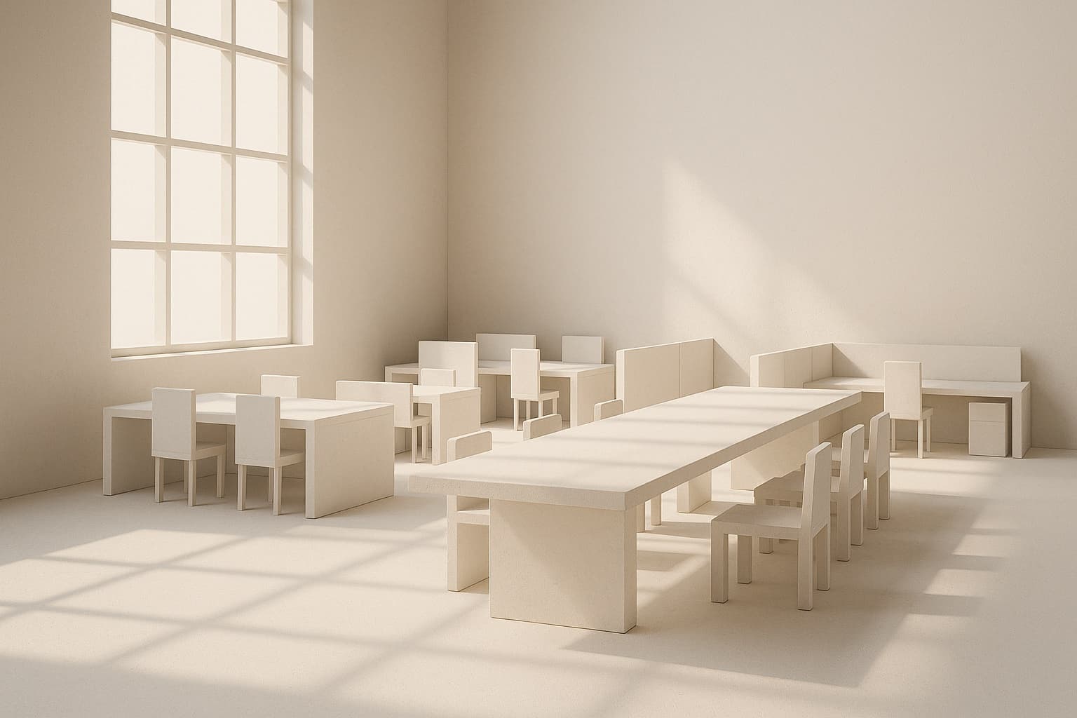 Minimal clay render of a modern workplace interior with soft window shadows